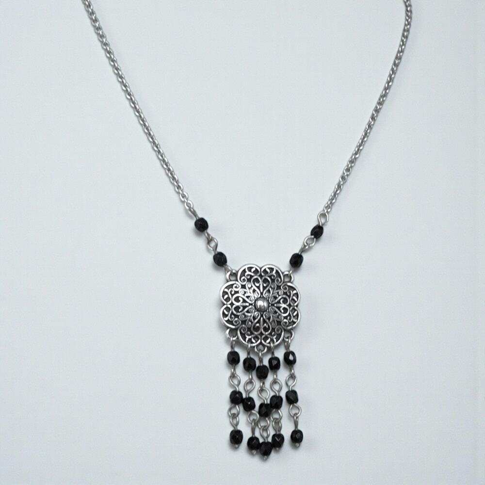 Vintage Brighton Queen Anne Silver Medallion Necklace Black Beads Filigree